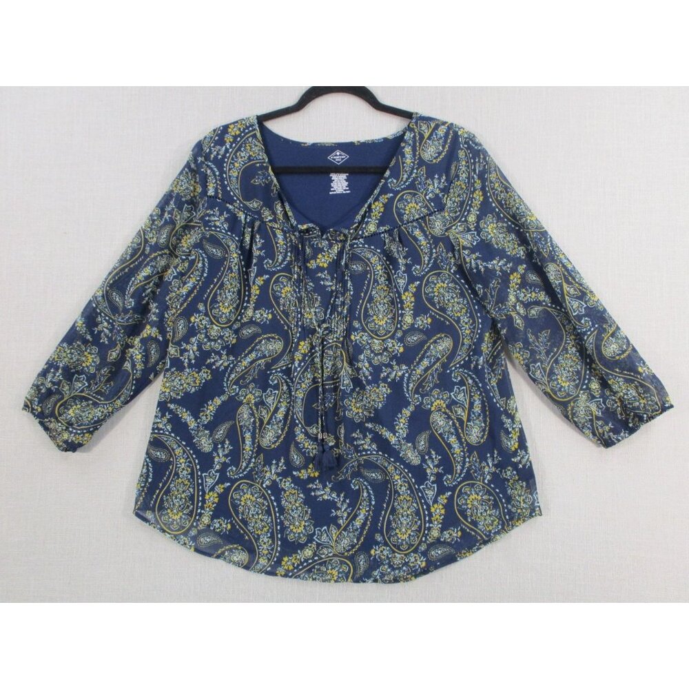 St. Johns Bay Womens Paisley Print 3/4 Sleeve Top Navy & Yellow Size L 100% Poly